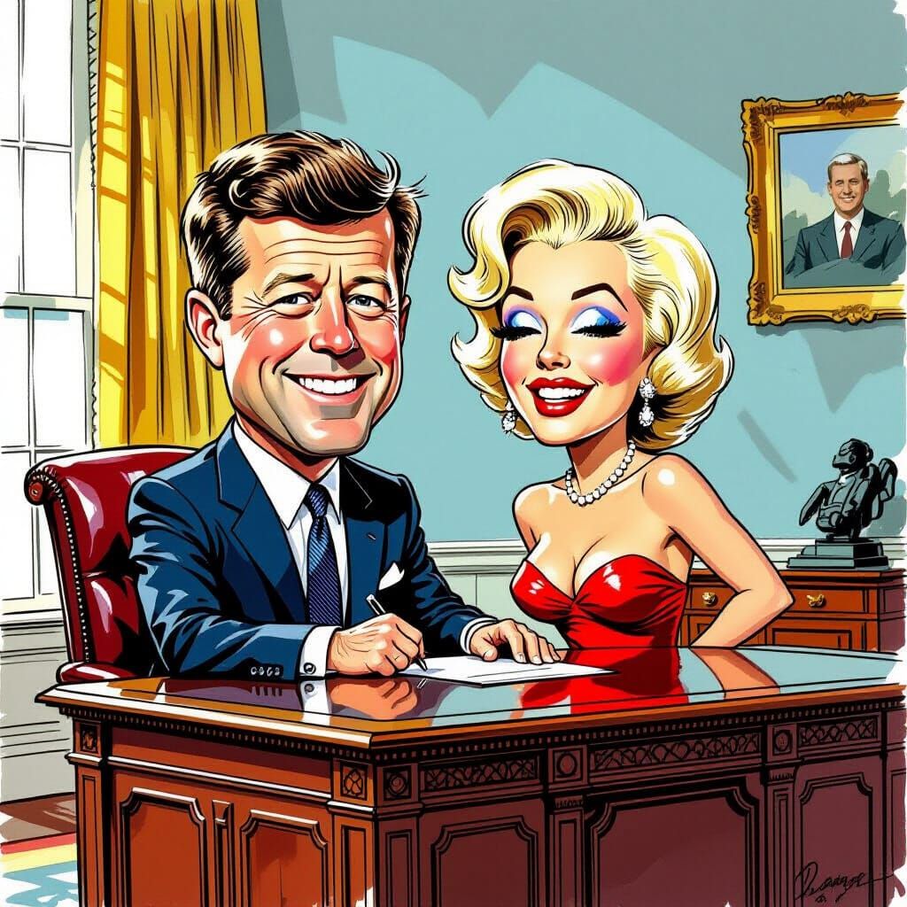 Funny Caricature of JFK and Marilyn Monroe in Oval Office