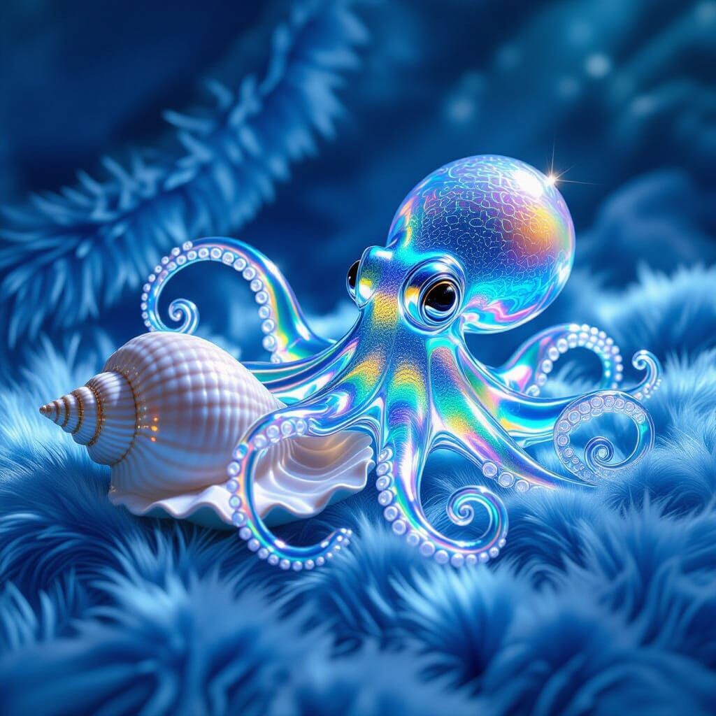 Glass Octopus Holding Conch Shell in Moody Light