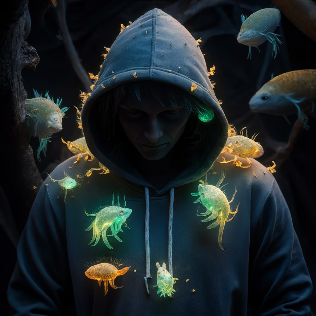 Bioluminescent Creatures Surround Shadowy Hooded Figure