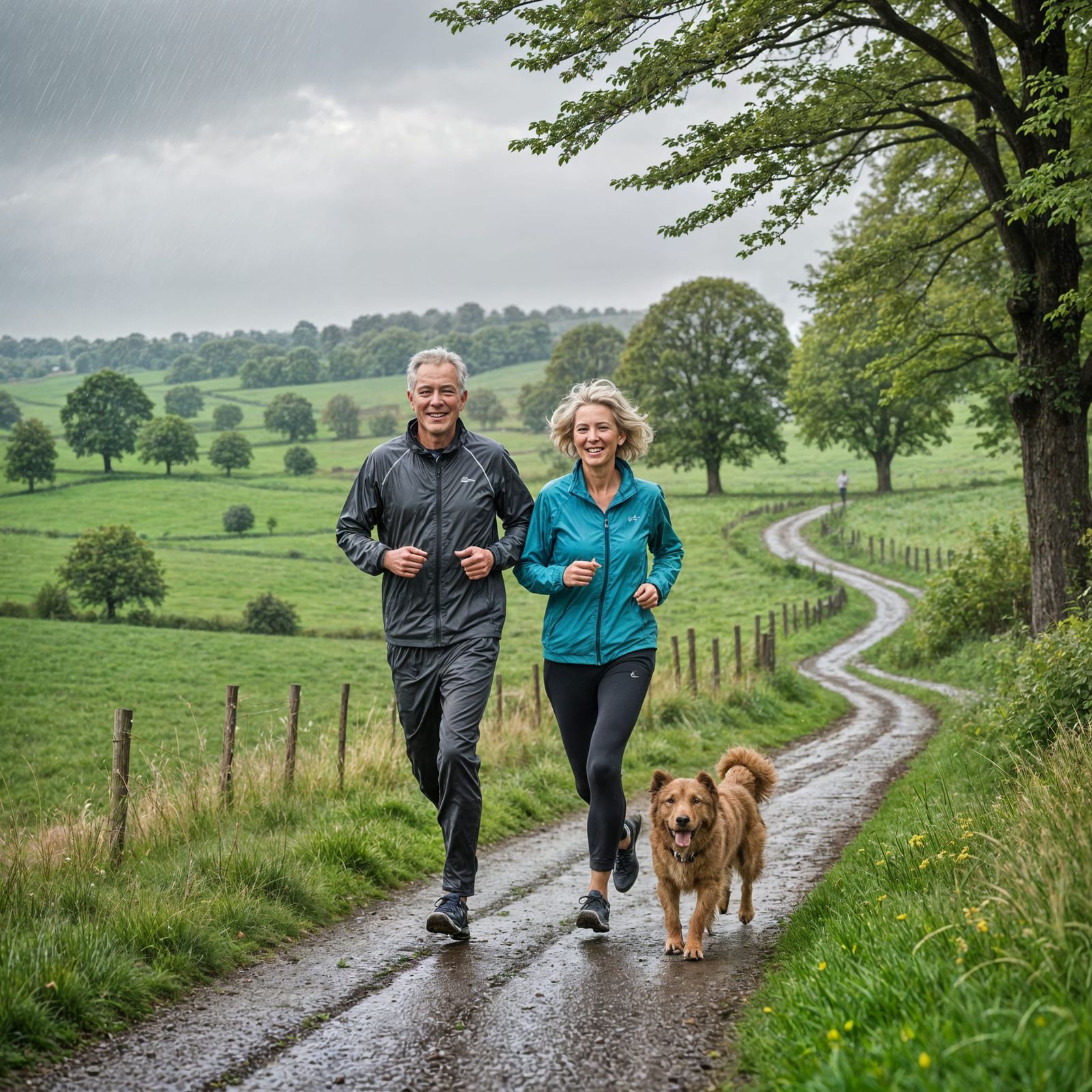 Joyful Senior Couple Jogging in Rainy Countryside with Dog