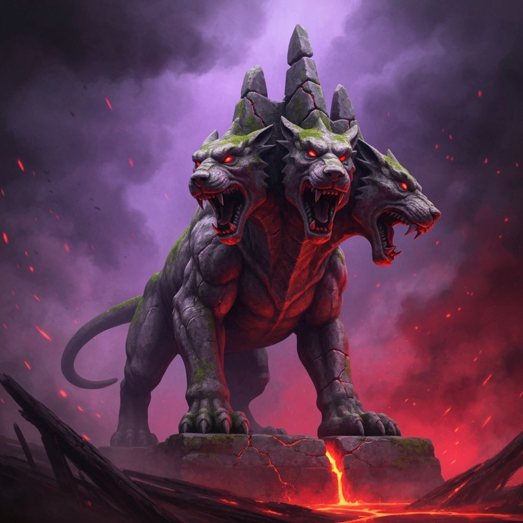 Ancient Kerberos Statue Guards Fiery Underworld Gates