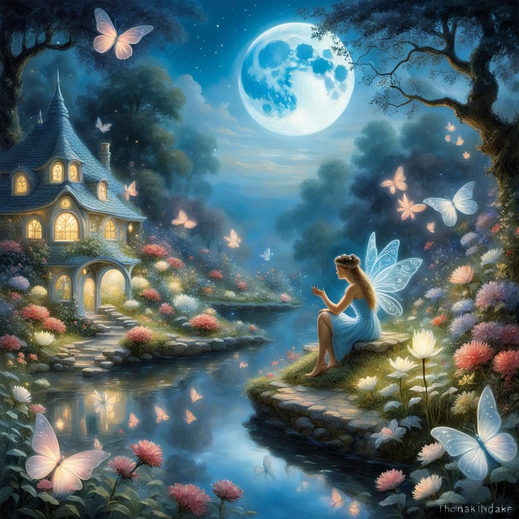 Fairy Double Exposure in Moonlit Garden