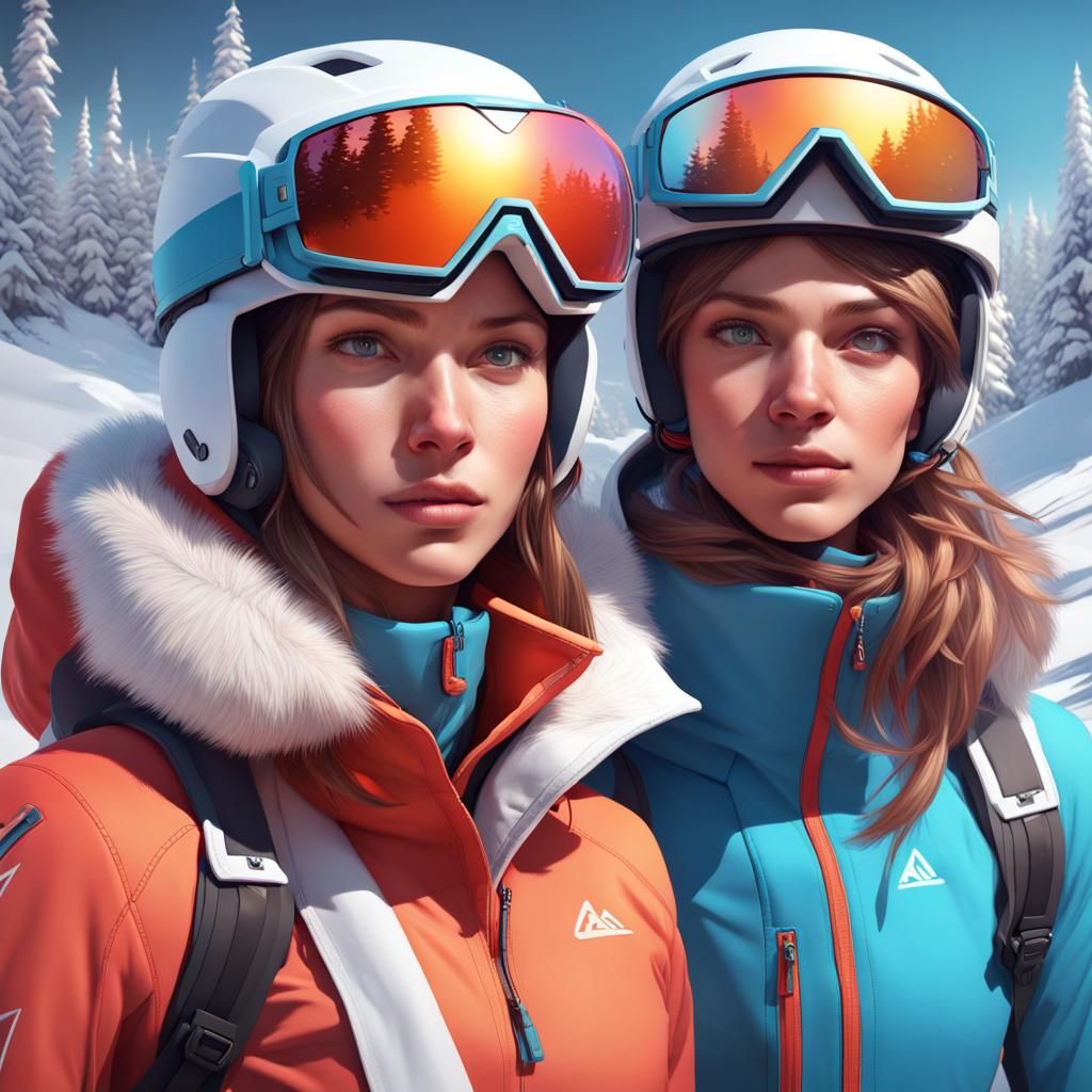 Couple Skiing: Detailed Digital Portrait