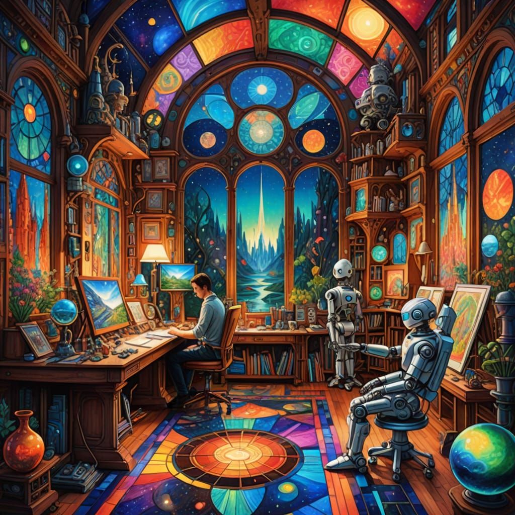 Vibrant Futuristic Art Studio in Colored Pencil Sketch Style