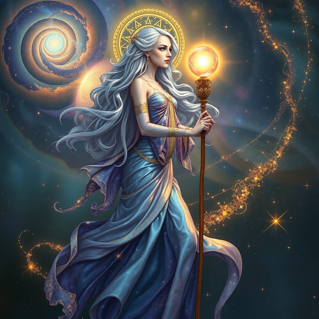 Celestial Oracle in Cosmic Silks Walks the Line of Mortal an...