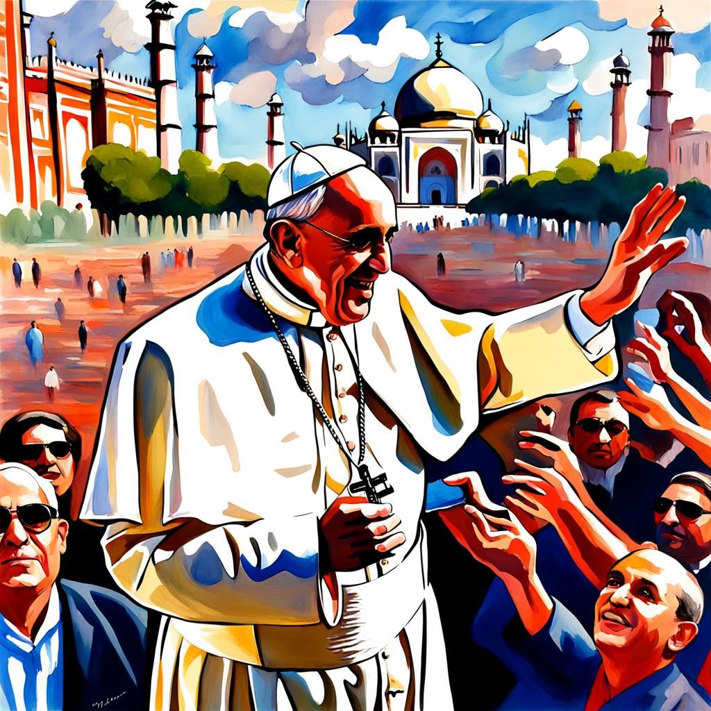 Pope Francis Greets Crowd at Taj Mahal as Gouache Painting