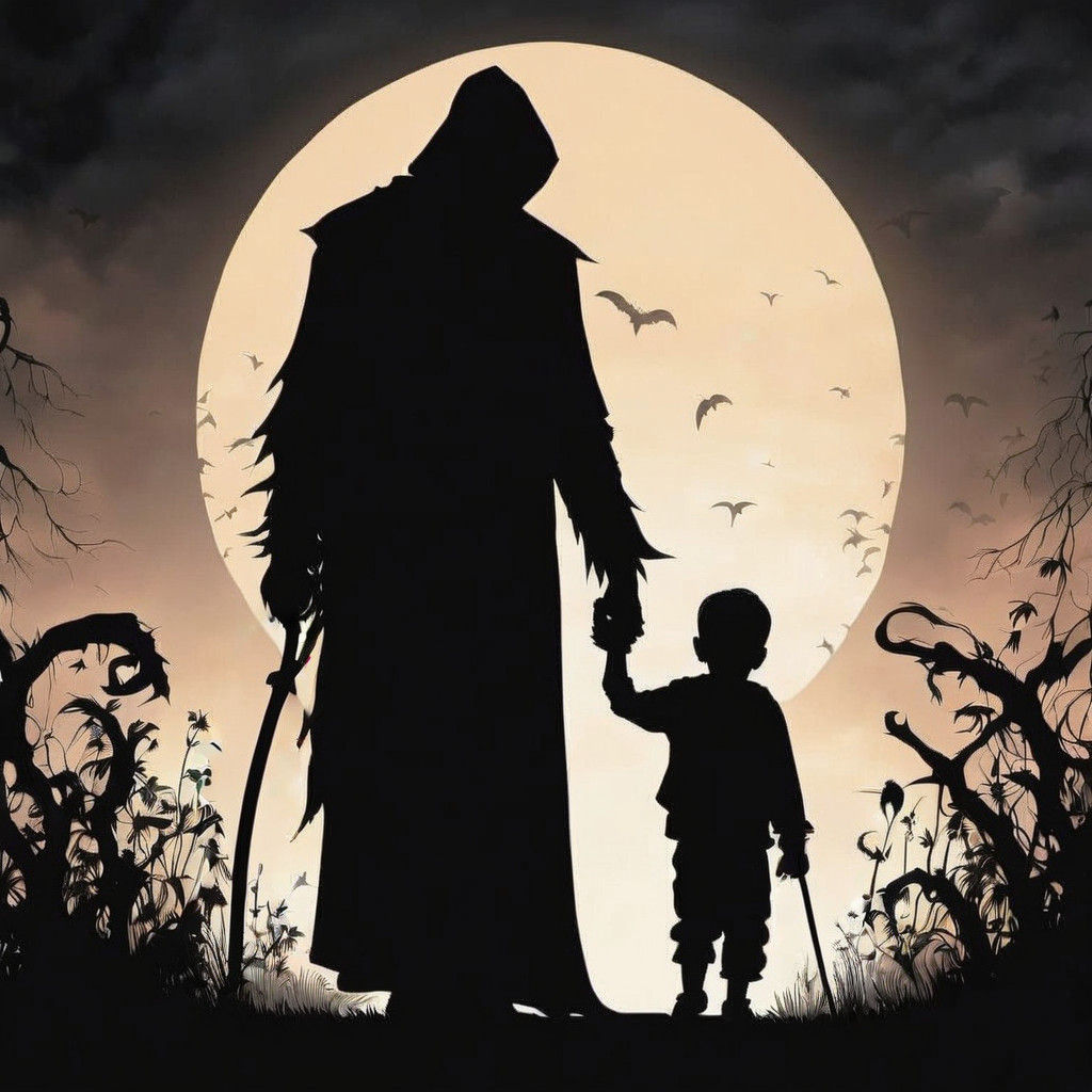 silhouette of a grim reaper holding the hand of a small child, full of sadness, sharp focus, 16k resolution photorealist...