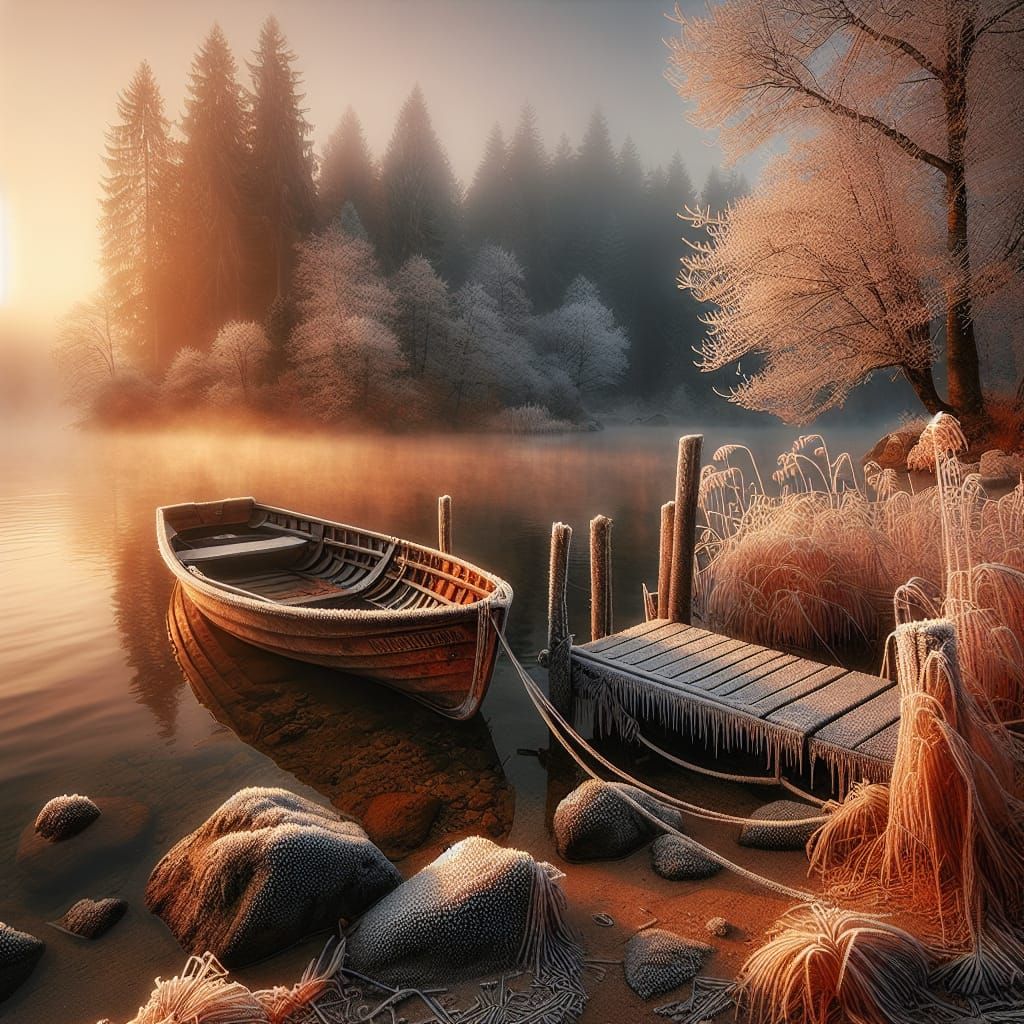 Frosty Autumn River Scene in Romantic Style