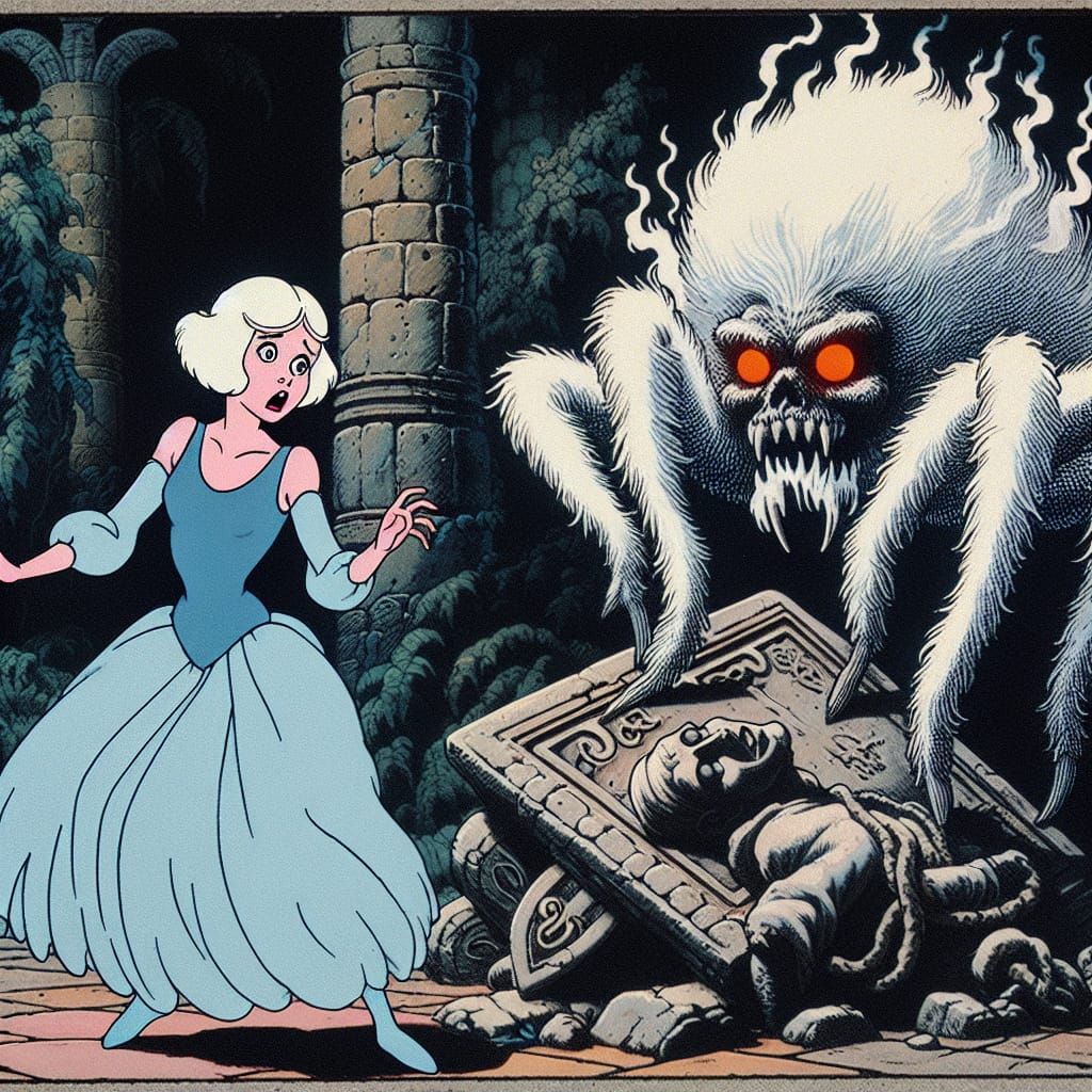 Vintage Cartoon Princess Fights Smoldering Tarantula Monster...