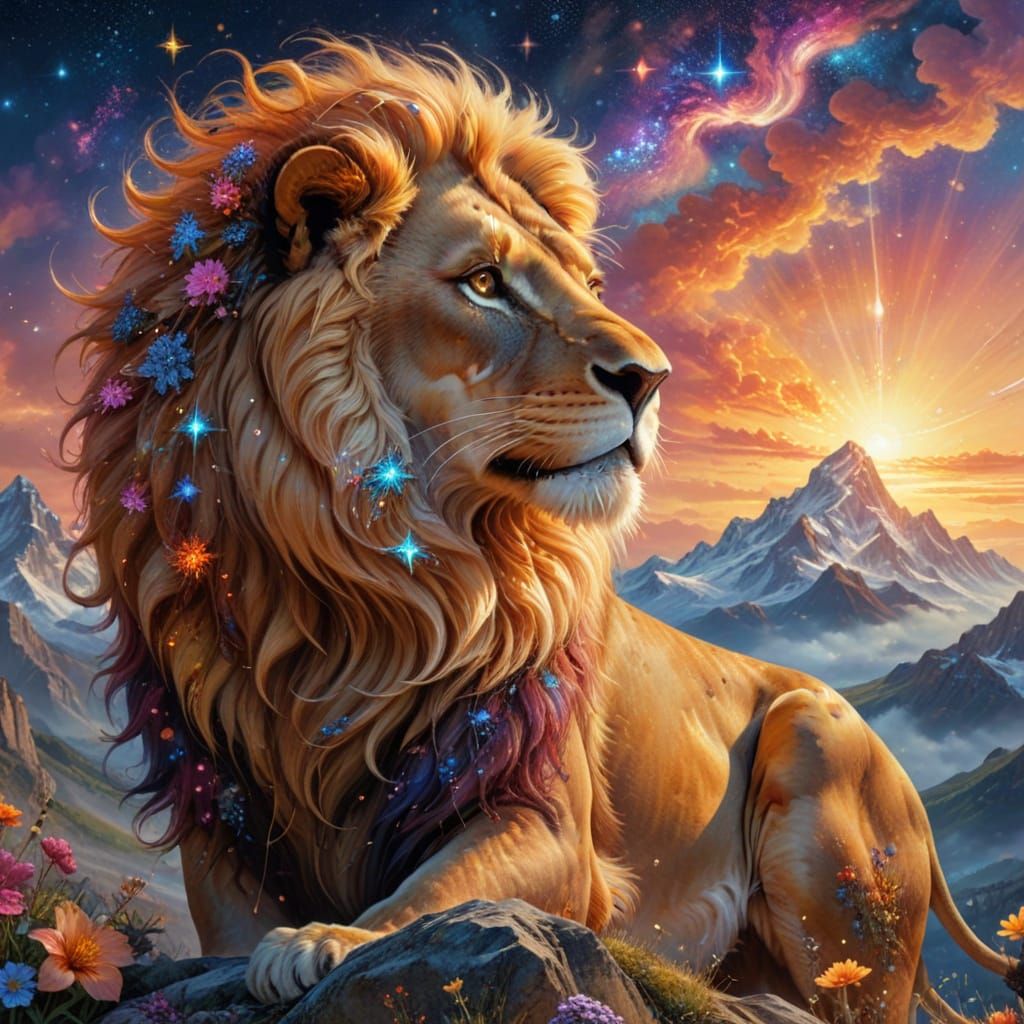 Lion with Star Mane in Surreal Cosmic Landscape