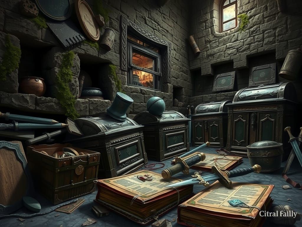 Ancient Stone Wall with Shattered Chests, in Fantasy Art Sty...