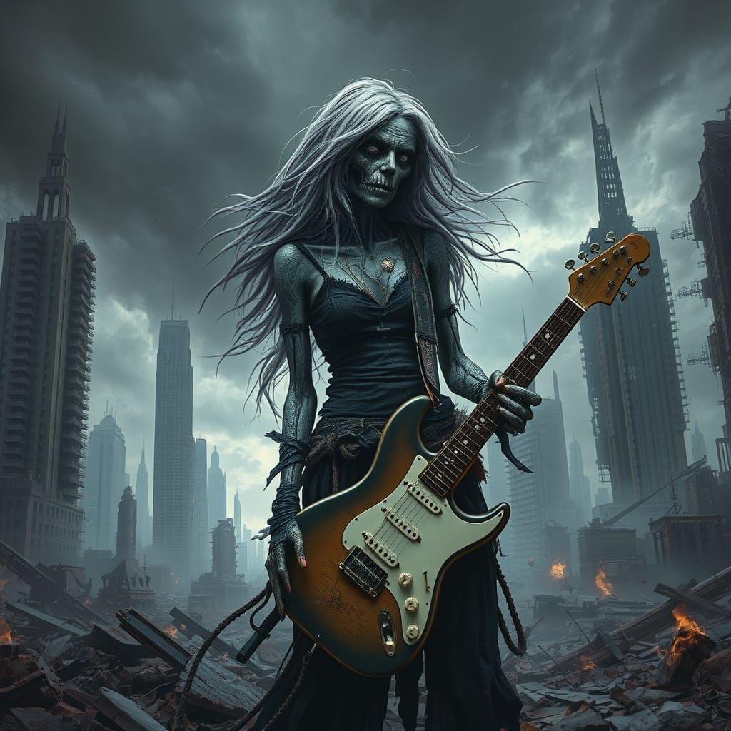 Zombie Woman in Ruins with Electric Guitar