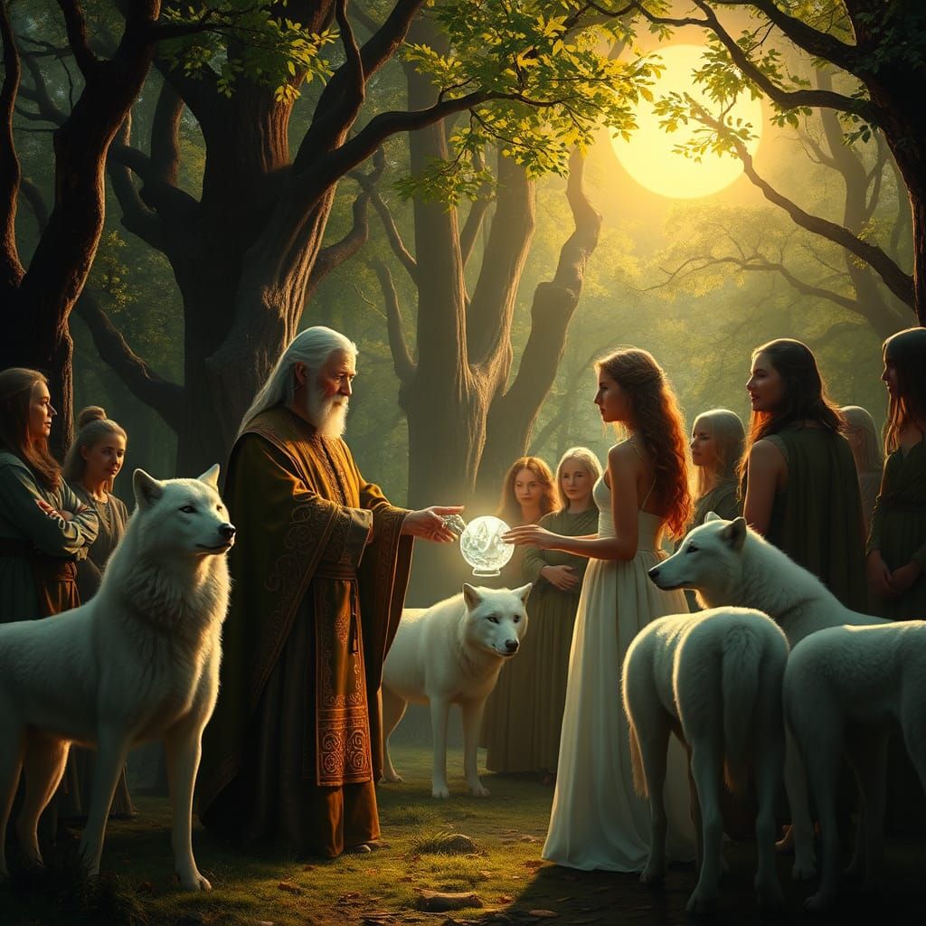 Mystical Celtic Gathering in Forest at Moonlight