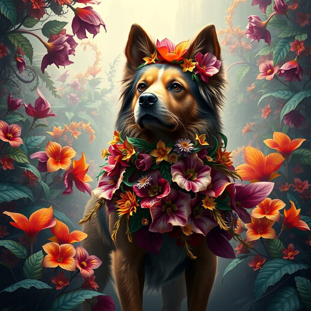 Majestic Dog in Lush, Dreamlike Environment