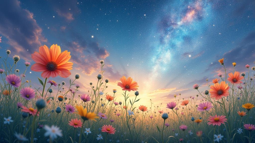 Sparkling Wildflowers Under Galaxy Sky in Watercolor Style