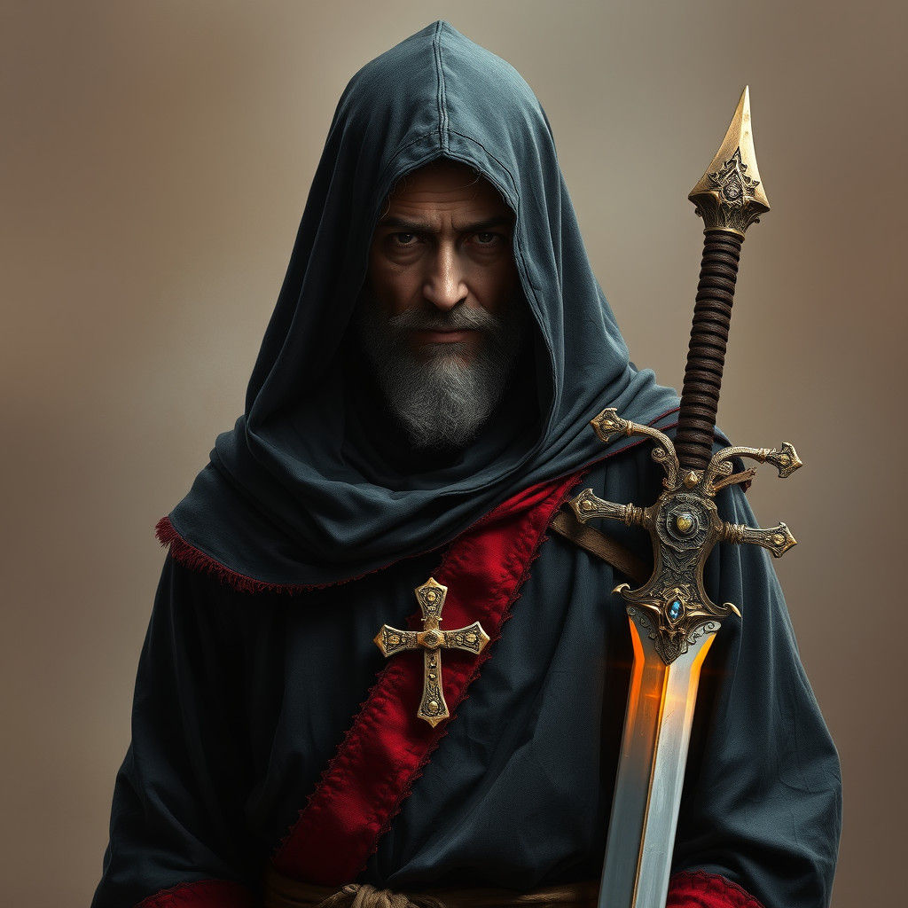 Monk with Glowing Sword and Torn Robe