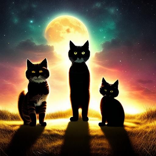 Surreal Cats Dancing Under Moon in Anime Style