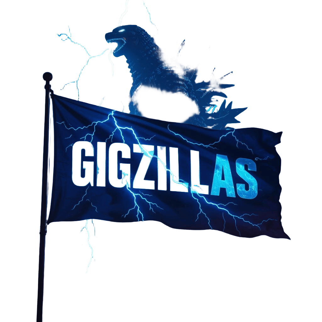 Gigzillas Flag with Blue Thunder and Godzilla Silhouette