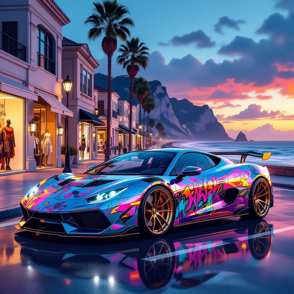 Graffiti Sports Car with Gold Rims and Neon Lights