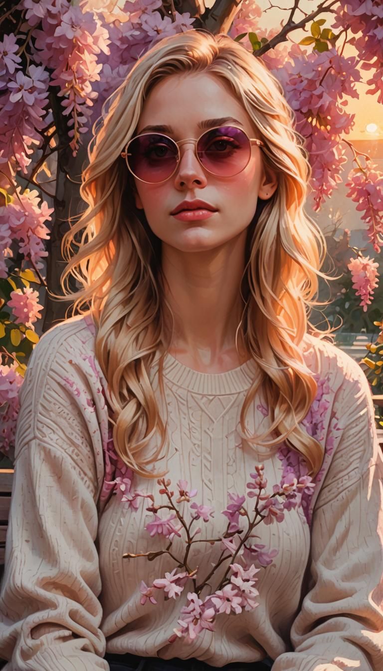 Woman on Bench Under Wisteria: Digital Art