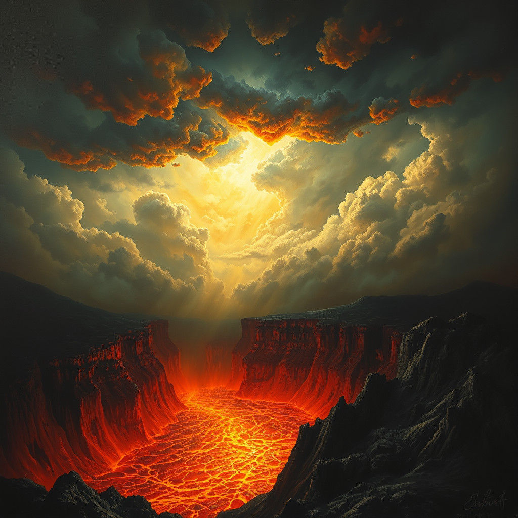 Infernal Lava Lake Under Stormy Heavens