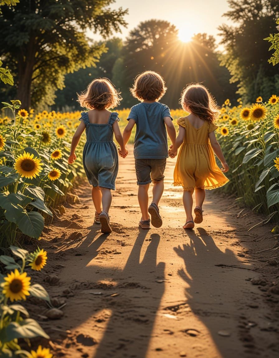 1. Two children running 2. Golden hour or sunset lighting 3. A pathway lined with blooming sunflowers

Instructions that...