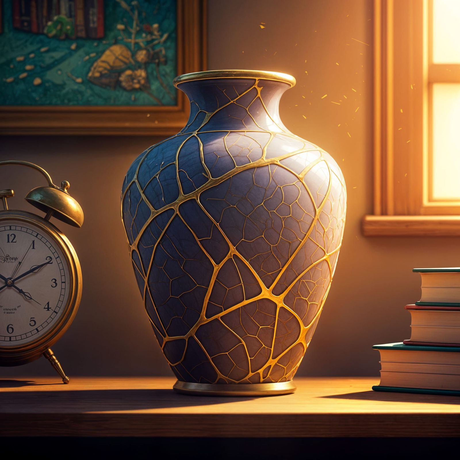 Kintsugi Vase Repaired with Silver in Pastel Watercolor