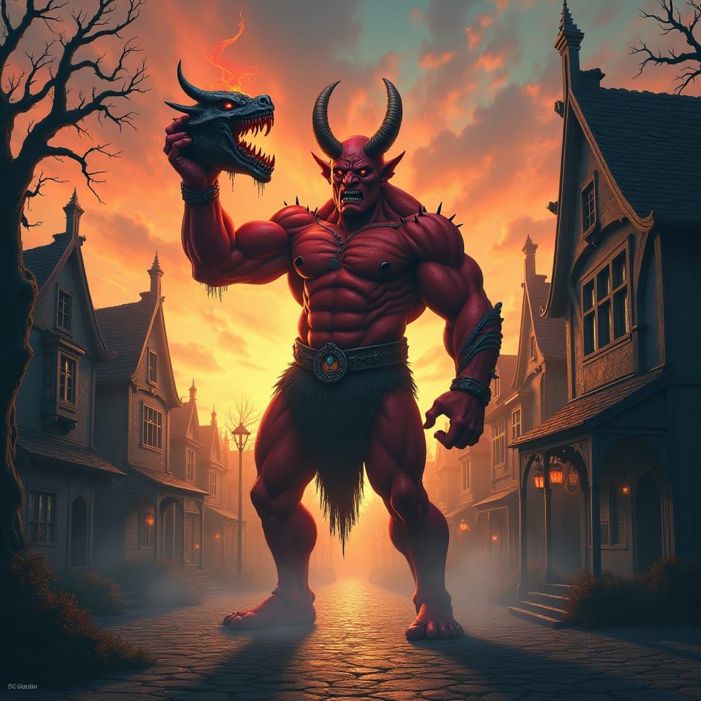 Triumphant Half-Demon Warrior in Mystical Town