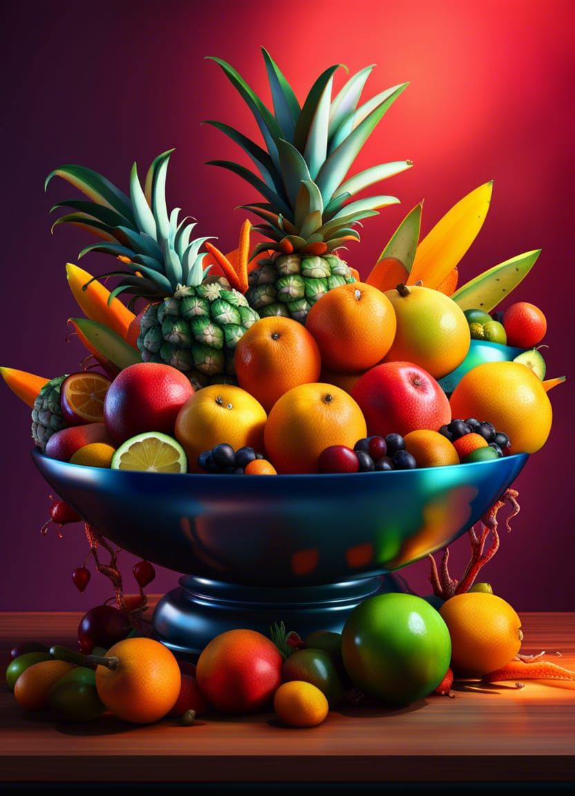 Exotic Fruit Bowl Still Life, Hyperrealistic Concept Art
