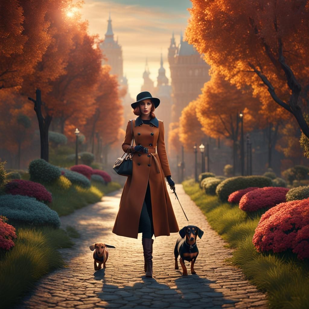 Fashionable Woman and Dachshund Puppy: Detailed Digital Art