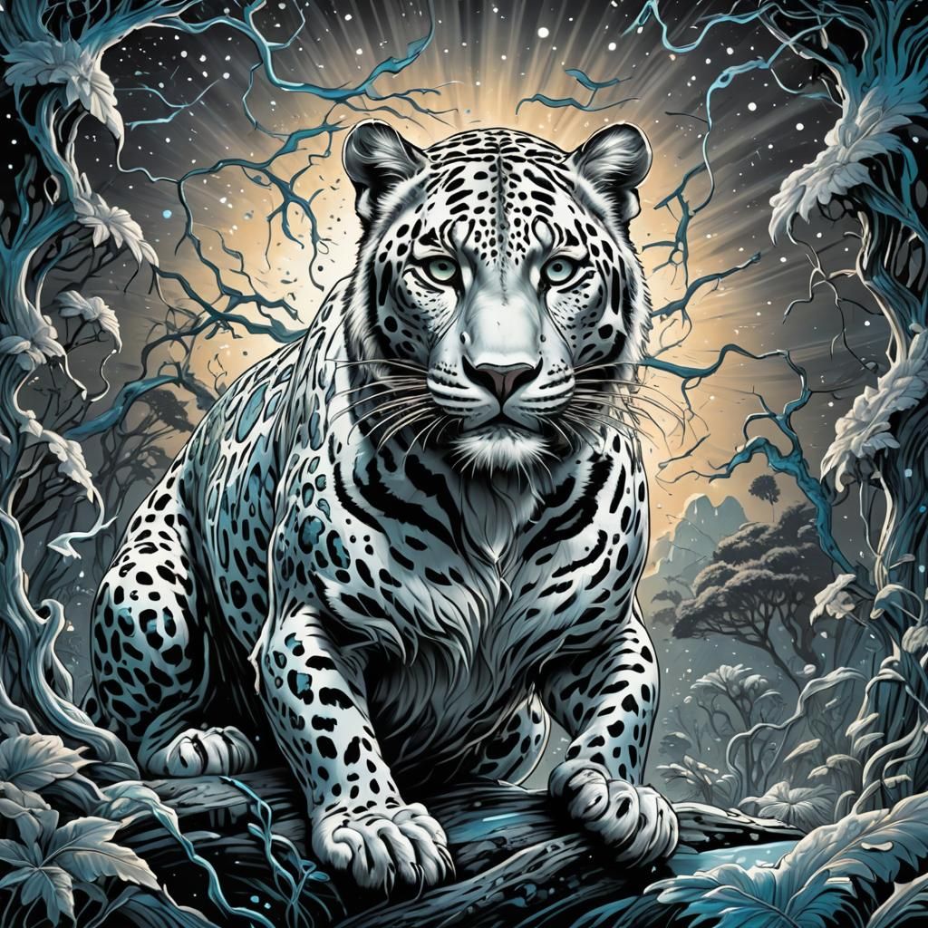 White Leopard in Comic Book Art Style