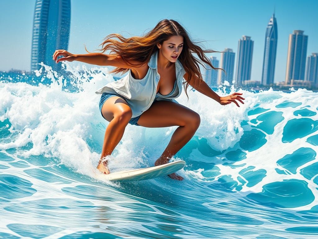 Woman Surfing Mirrored Ocean in Photorealistic Style