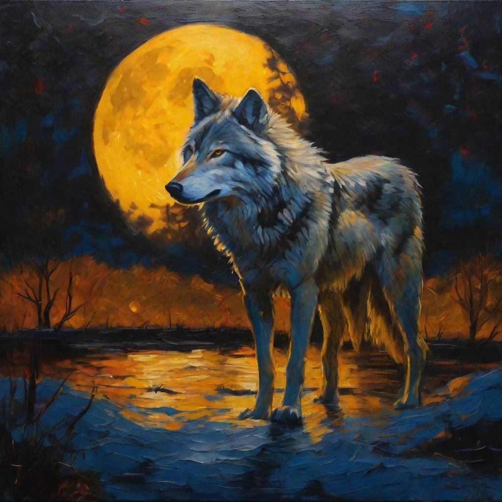 Wolf and Moon Oil Painting in Fantasy Style