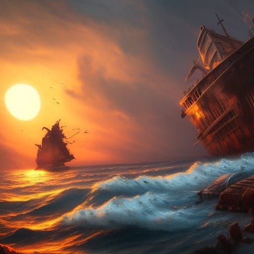 Shipwreck at Sunset: Detailed Matte Painting