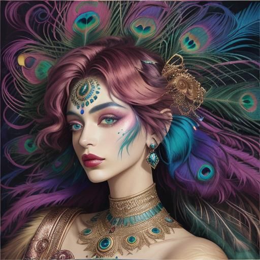 Abstract Woman with Peacock Feathers, Expressionist Portrait
