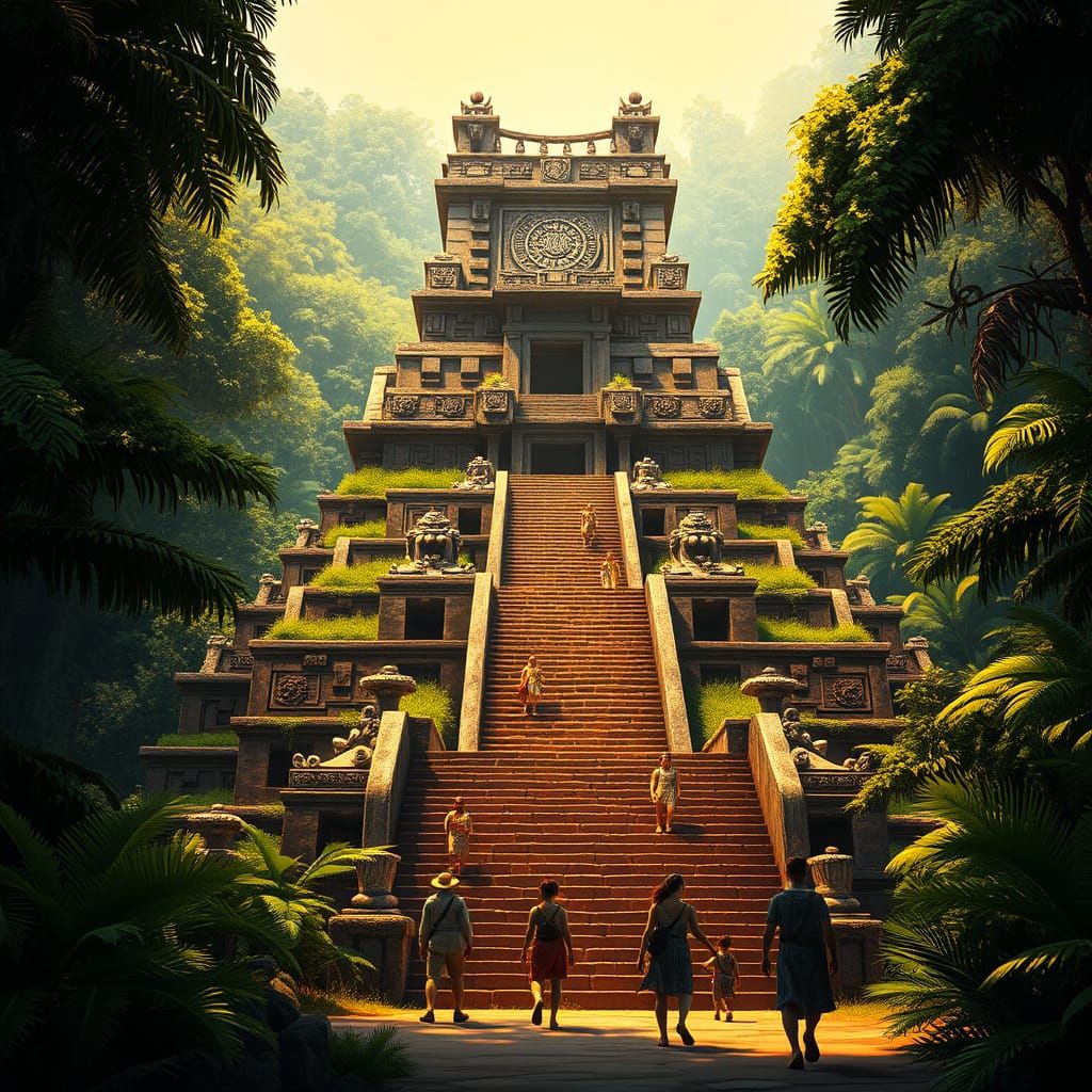 Ancient Mesoamerican Temple Rises from Vibrant Tropical Jung...