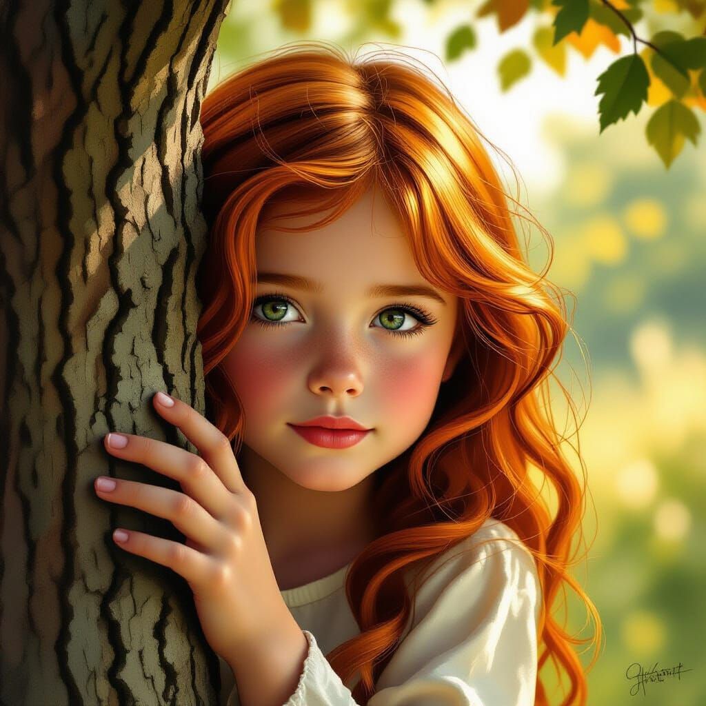 Redhead Girl Peeking from Tree as Aged Oil Painting