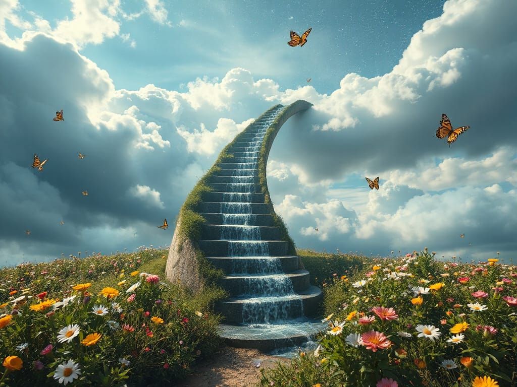 Surreal Staircase Ascends to Glittering Vortex