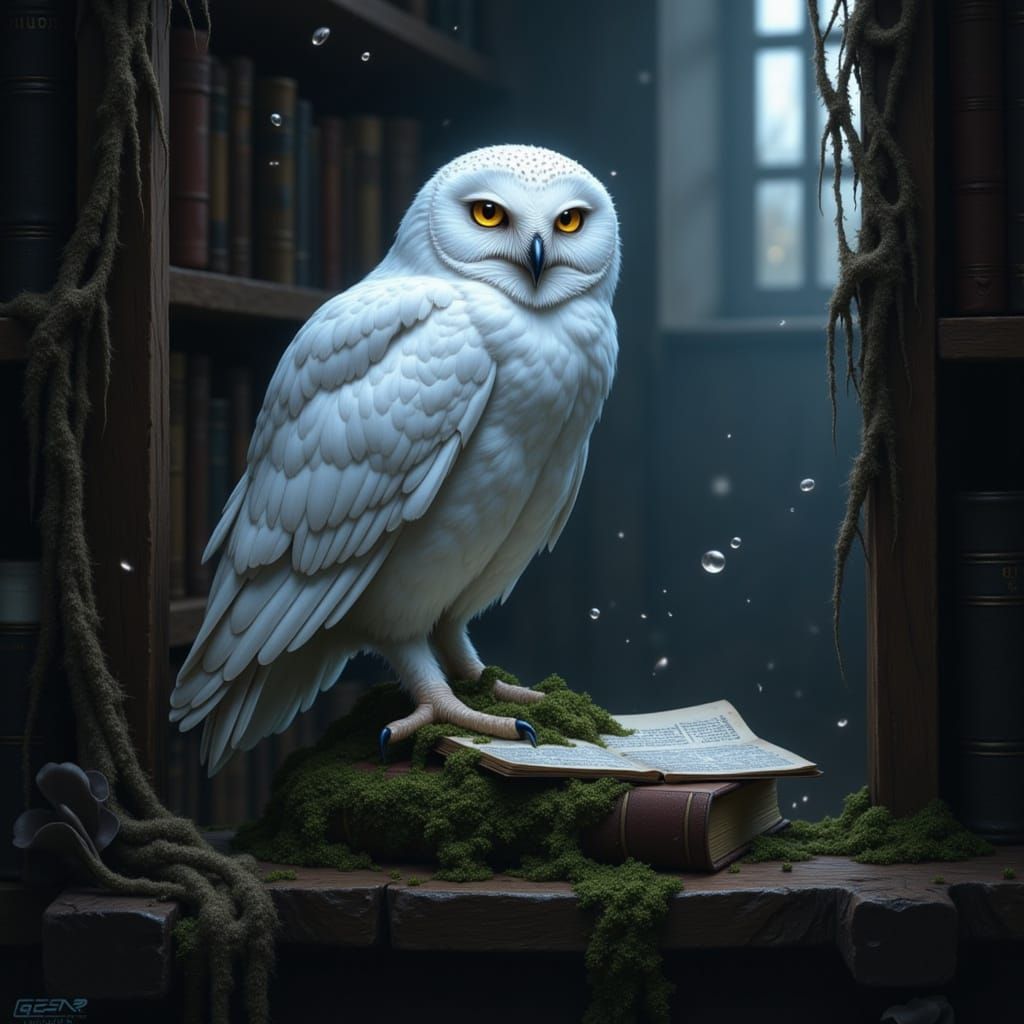 Wise Owl in Ancient Library: Dark Fantasy Digital Painting