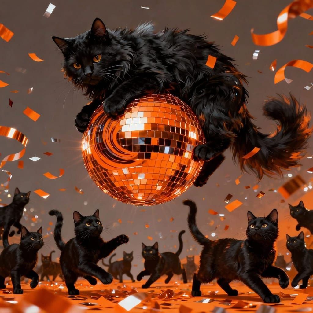 Black Cat Clings to Disco New Year's Ball