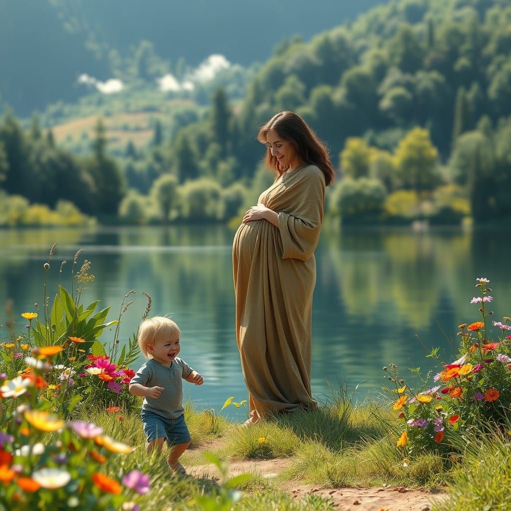 Maternal Bliss in a Serene Nature Scene