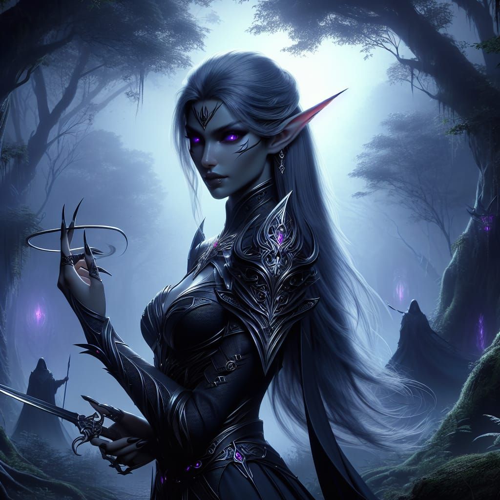 Dark Elf Assassin in Mystical Forest: Fantasy Art