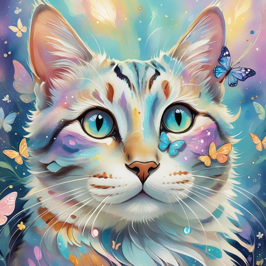 Smiling Cat and Butterfly Illustration in Pastel Colors