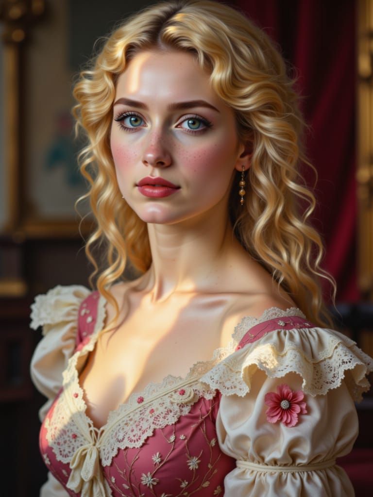 English Maiden with Blonde Curls in 1860s Fashion