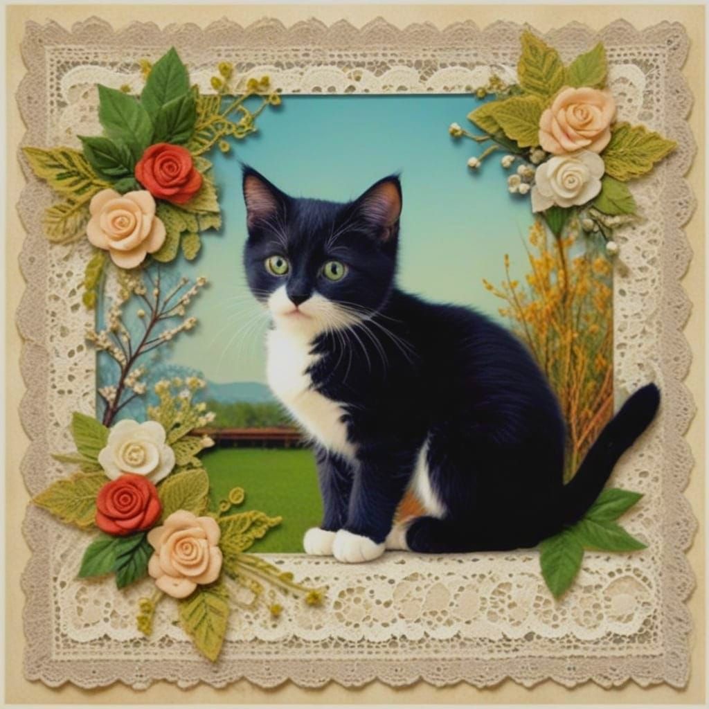 Cute Kitten Scrapbook Collage with Lace Border