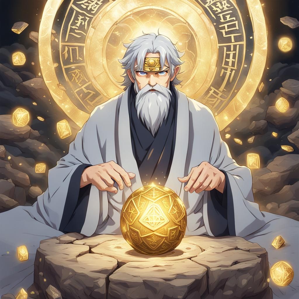 Old Man with Runestones in Anime Style