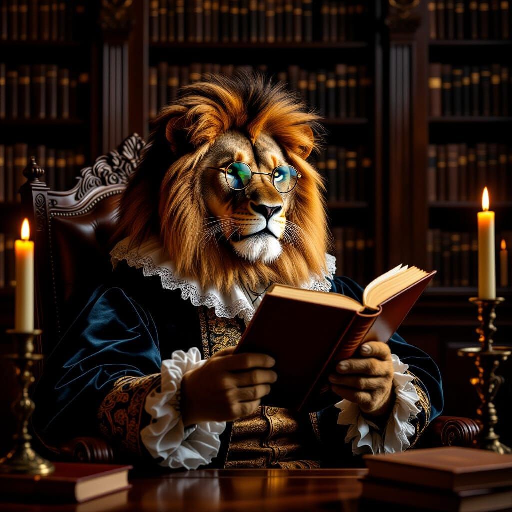 Regal Lion Reading Hamlet in Grand Library
