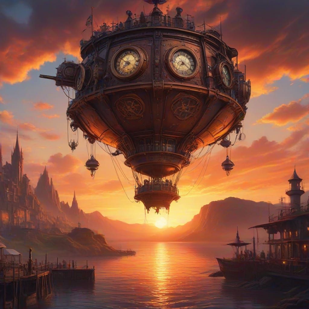Steampunk Sunset Spectacle with Vibrant Metallic Colors