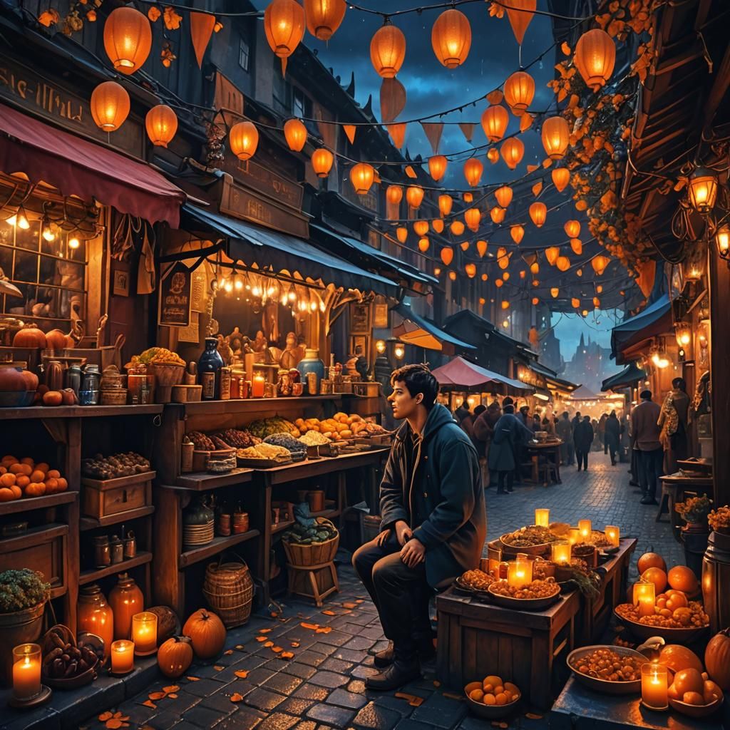 Fantasy Night Market Scene in Vibrant Oil Painting Style