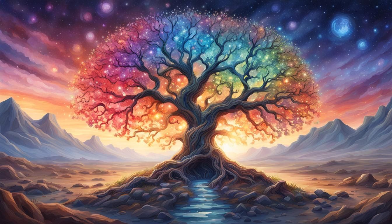 Ornate Crystal Tree Sunset Battlefield: Detailed Oil Paintin...